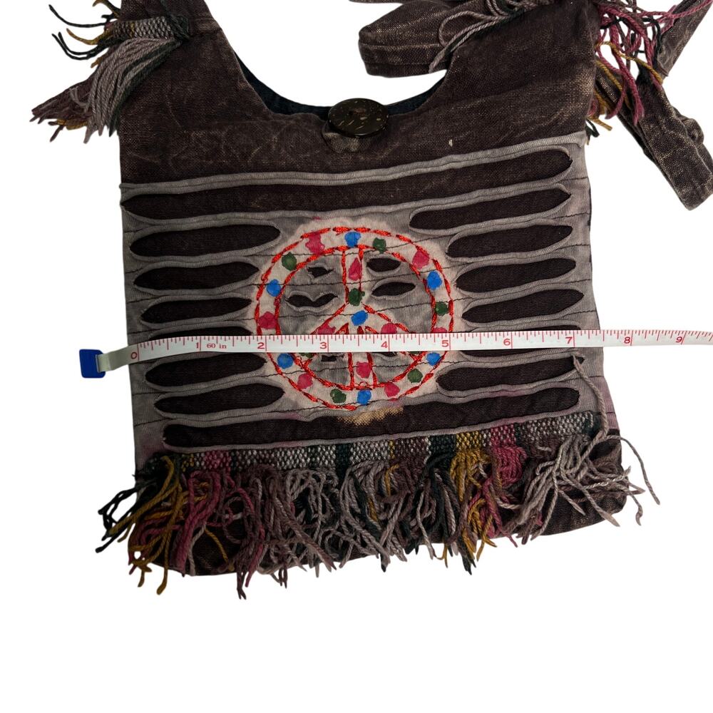 Boho Peace Sign Sling Crossbody Bag Purse Zip Top Lined Fringe Festival - Picture 10 of 11